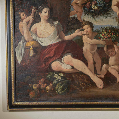 dipinto olio su tela scena campestre dama con putti