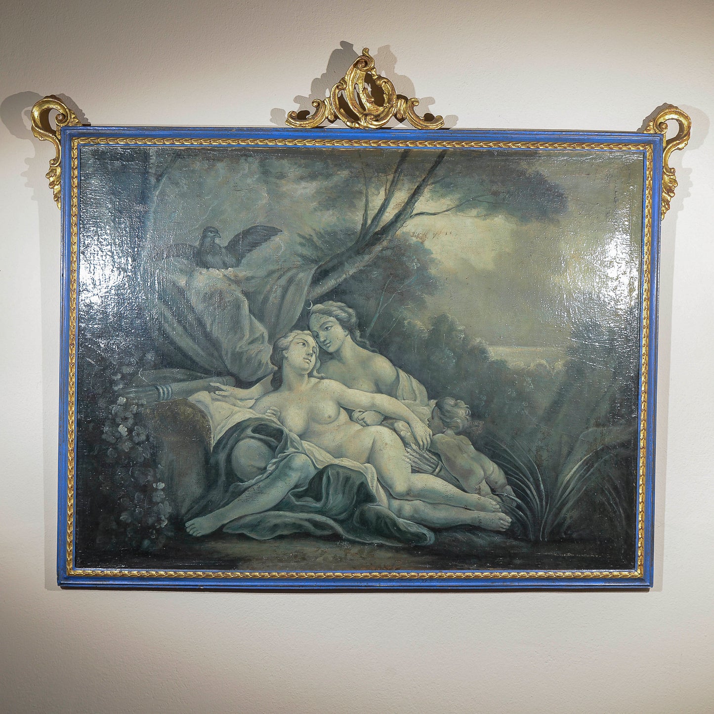 dipinto olio su tela scena d'amore con cornice decorata