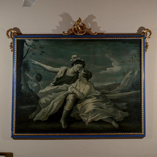dipinto quadro con cornice laccata e decorato con dettagli oro scena galante