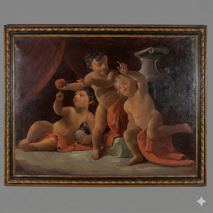 dipinto olio su tela con putti danzanti