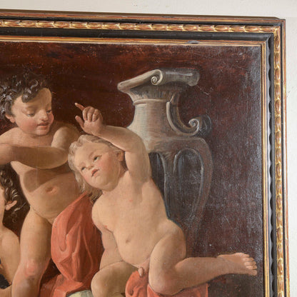 dipinto olio su tela con putti danzanti