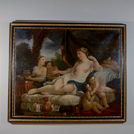 dipinto dunna su dormeuse con putti e ancelle