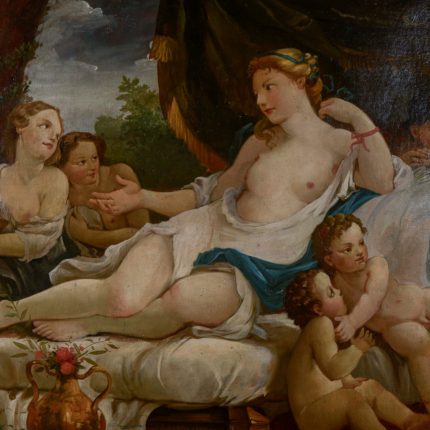 dipinto dunna su dormeuse con putti e ancelle