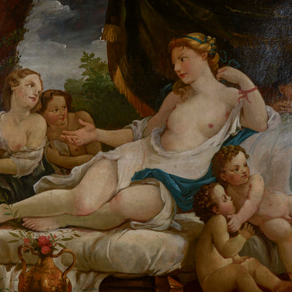 dipinto dunna su dormeuse con putti e ancelle