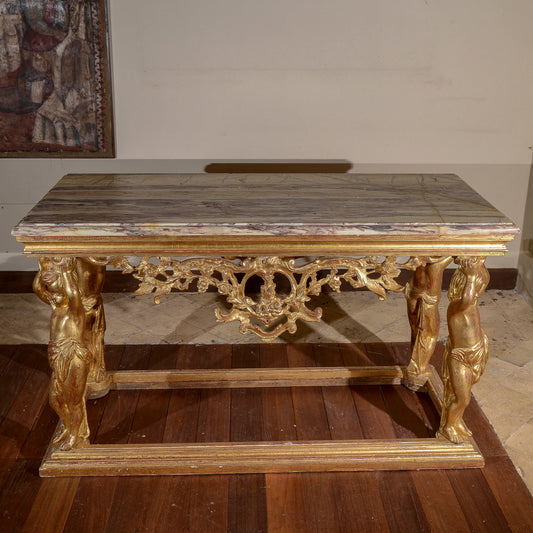 consolle intagliata da centro con pianoforte in marmo e putti che lo sorreggono ai lati
