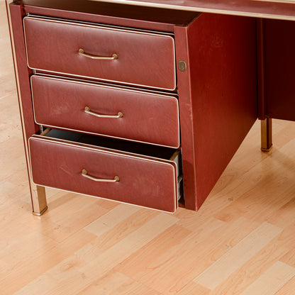 Scrivania 6 cassetti anni 50 Umberto Mascagni in similpelle bordeaux