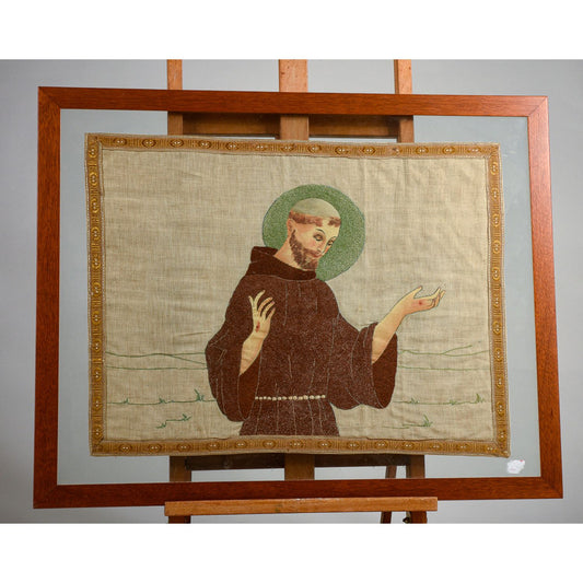 quadro doppio vetro con interno telo dipinta  raffigurante San Francesco Italia epoca  primo 900