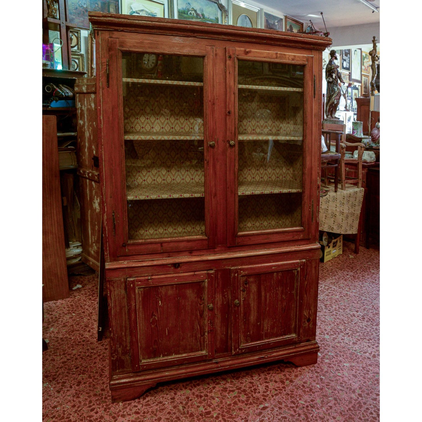 Credenza vetrina libreria a 4 ante in legno di abete rustico   Italia 1800