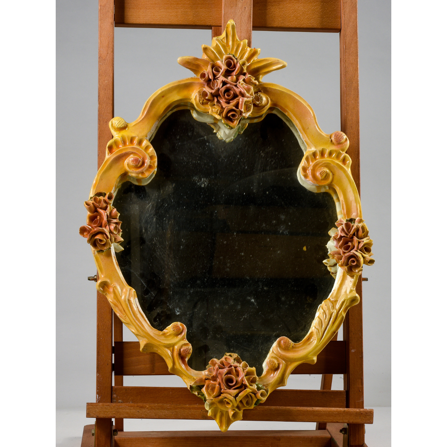 Specchio con cornice in ceramica dipinta a mano Italia 1980