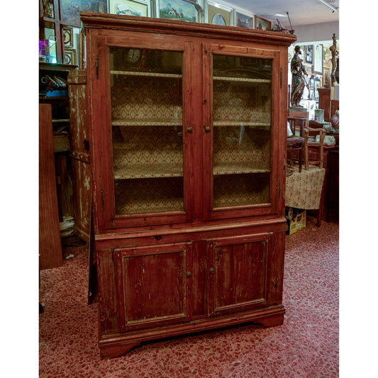 Credenza vetrina libreria a 4 ante in legno di abete rustico   Italia 1800