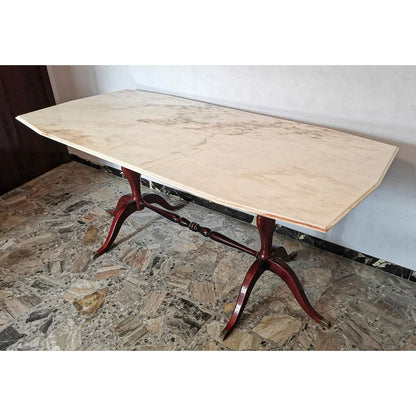 Tavolo base in legno verniciato rosso lucido e puntali in ottone piano   in marmo  Italia 1960