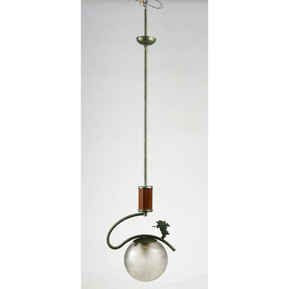 Lampadario Art Decò  con decoro raffigurante San Ciriaco e sfera opalina a pois impianto funzionante