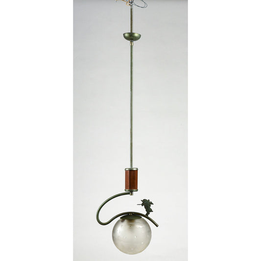 Lampadario Art Decò  con decoro raffigurante San Ciriaco e sfera opalina a pois impianto funzionante