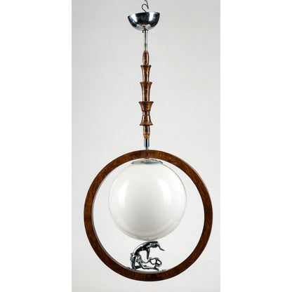 Lampadario art deco  con legno impellicciato noce con ballerina che sorregge la sfera di opalina