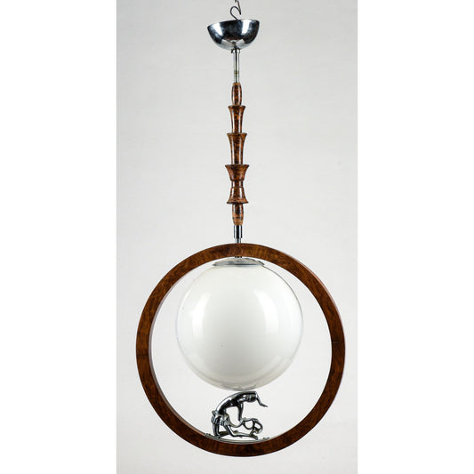 Lampadario art deco  con legno impellicciato noce con ballerina che sorregge la sfera di opalina