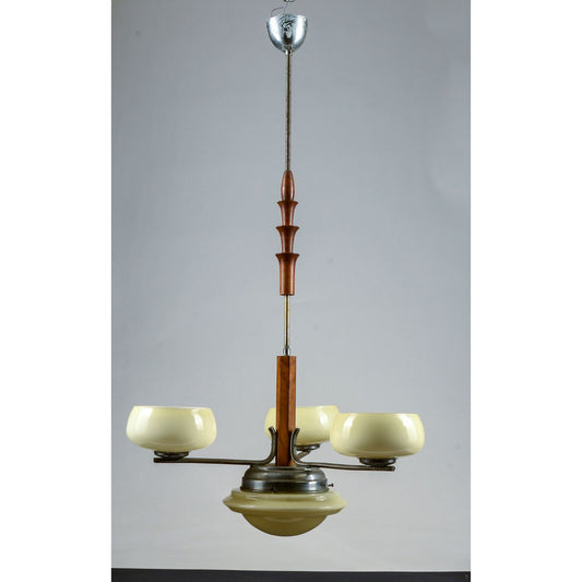 lampadario deco a trel luci con vetri tortora e torniture stile vintage