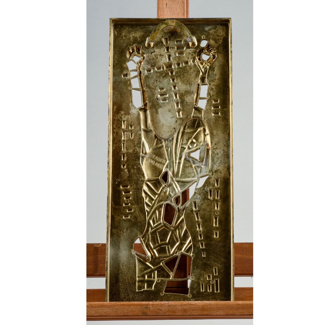 Placca in ottone raffigurante Gesù Cristo in croce design moderno anni 70 Fraser