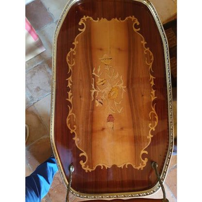 Carrello portavivande in legno intarsiato e metallo Italia 1960