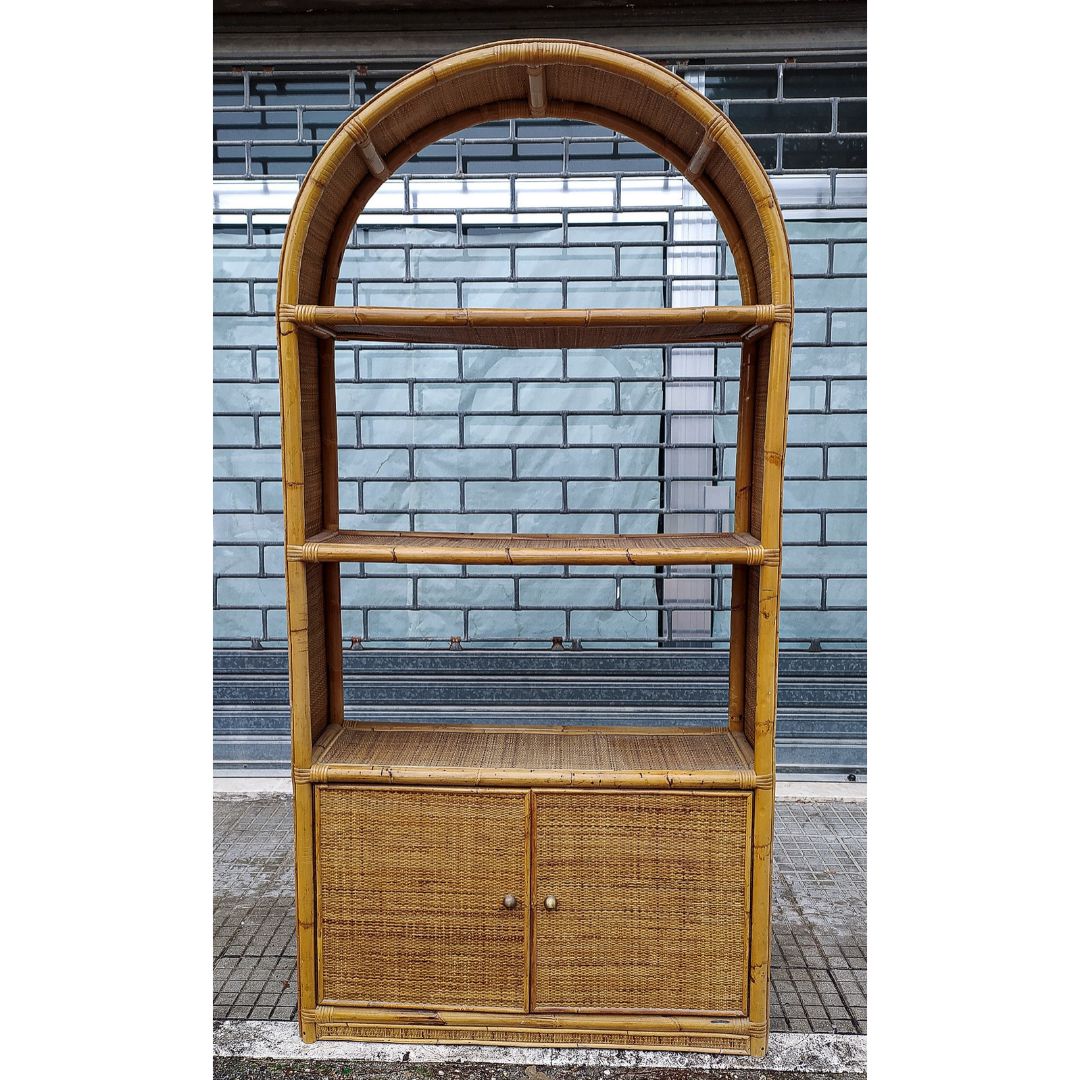 Libreria credenza in bamboo e rafia anni 70