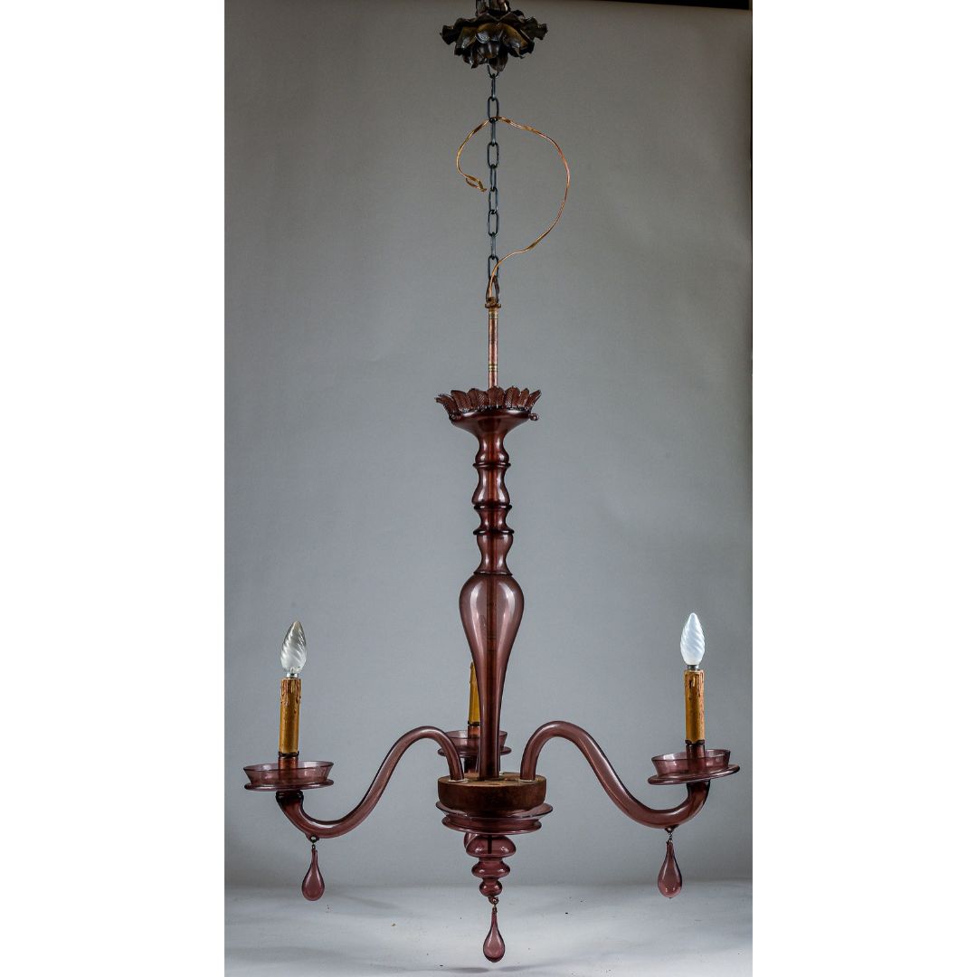 Lampadario Murano viola vetro 3 luci originale Italia  1930