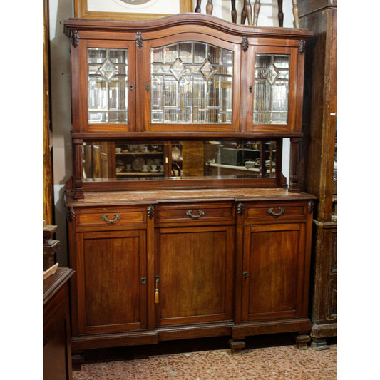 CREDENZA IN NOCE, LIBERTY CON VETRI MOLATI E PIANO IN MARMO