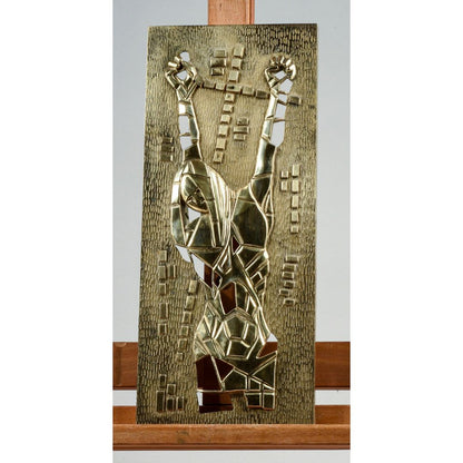 Placca in ottone raffigurante Gesù Cristo in croce design moderno anni 70 Fraser