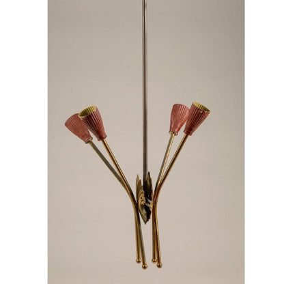 Lampadario  in metallo verniciato rosso e oro, Italia 1960