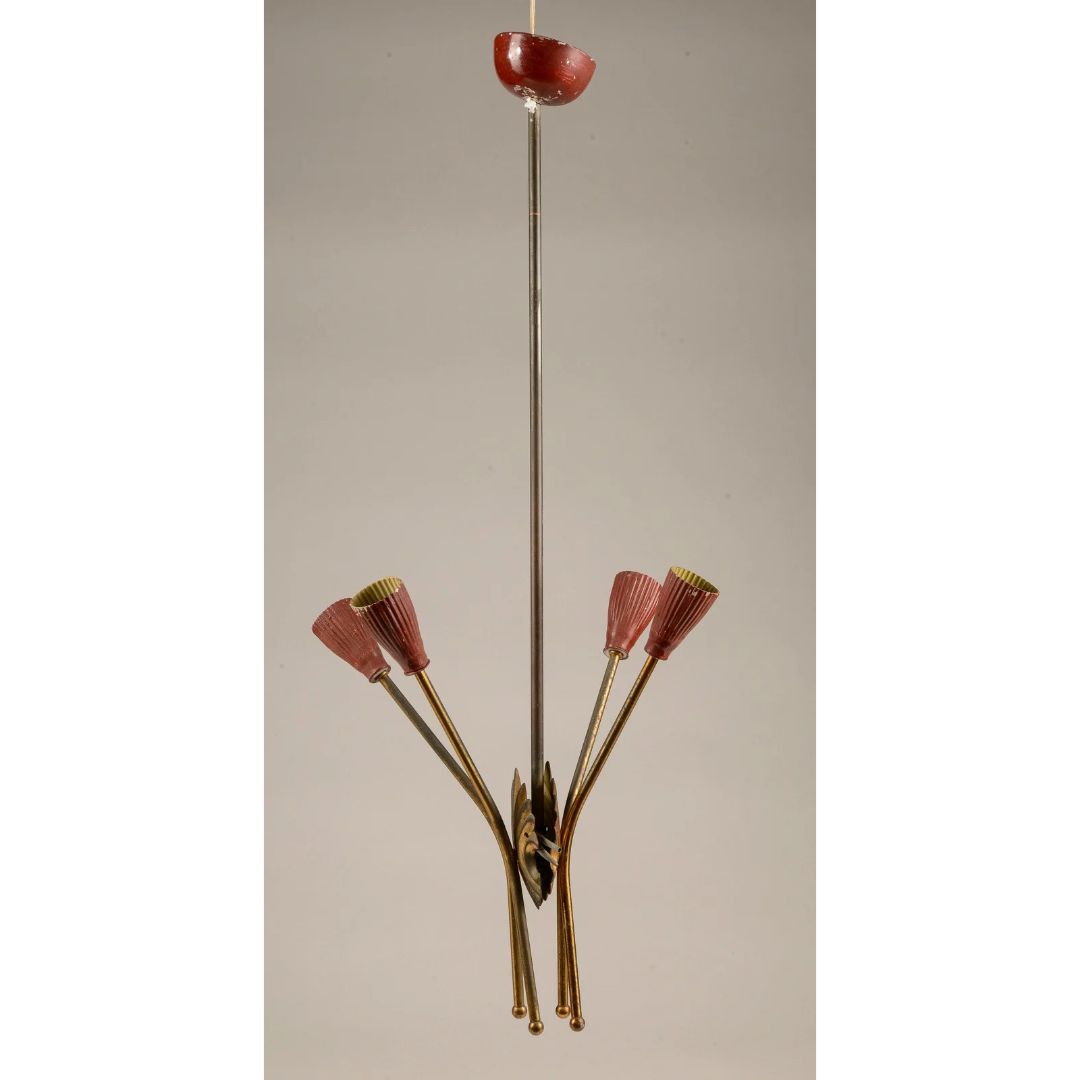 Lampadario  in metallo verniciato rosso e oro, Italia 1960