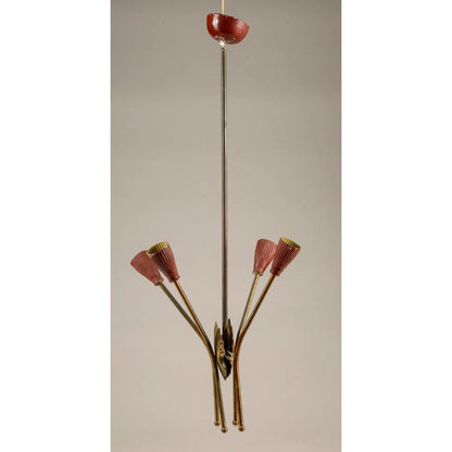 Lampadario  in metallo verniciato rosso e oro, Italia 1960