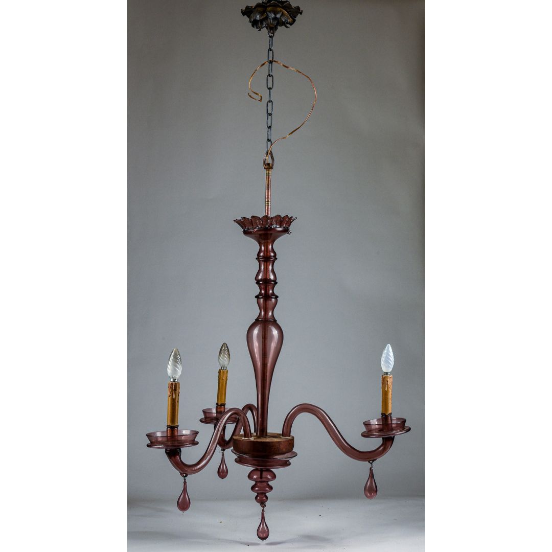 Lampadario Murano viola vetro 3 luci originale Italia  1930
