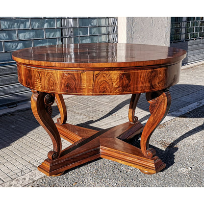Tavolo rotondo da pranzo sala salotto ingresso di gusto Impero placcato in noce Italia 1870