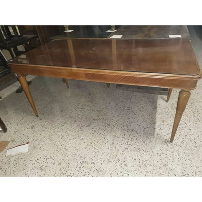 tavolo sala studio con gambe tornite a due dimensioni e piano in vetro 1950