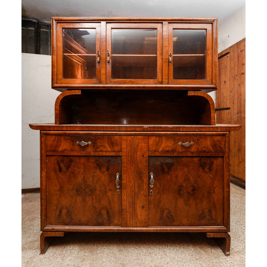 Credenza 2 ante e 2 cassetti con vetrina rialzata a tre ante anni 40