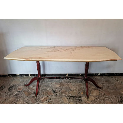 Tavolo base in legno verniciato rosso lucido e puntali in ottone piano   in marmo  Italia 1960