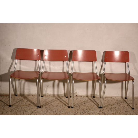 4 Sedie in alluminio e seduta in formica rosa Italia 1950
