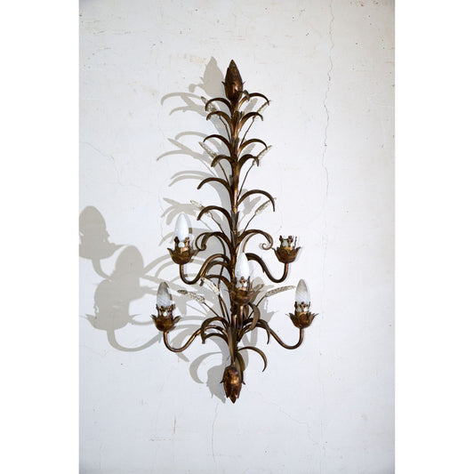 Applique lampada da parete muro in ferro battuto con decori a foglia e dorata e fiori bianchi verniciati 5 luci  stile Banci Firenze