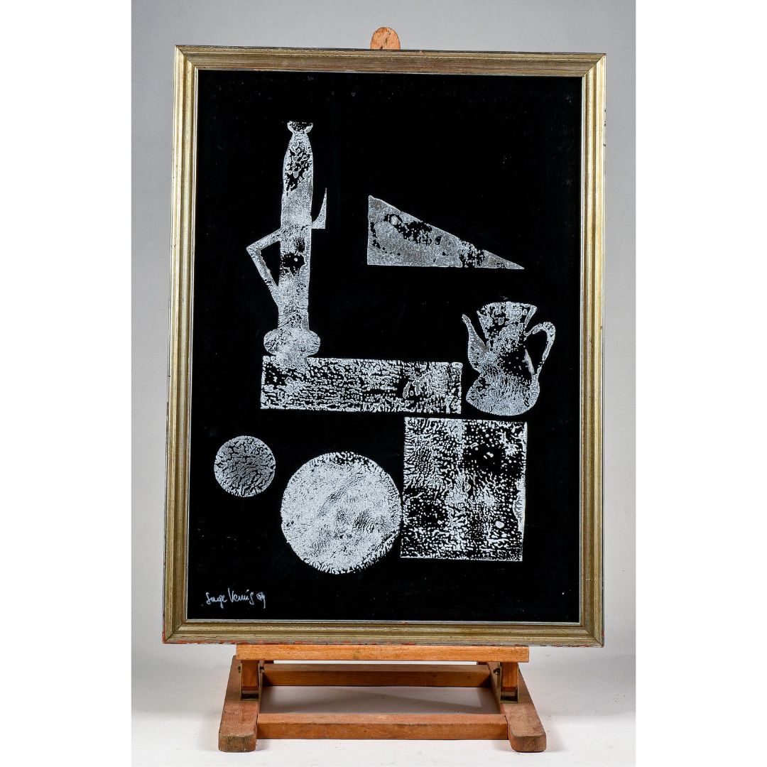 Quadro astratto  dipinto su  cartoncino nero lucido e tinta bianca  Italia 1969