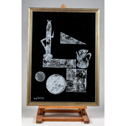 Quadro astratto  dipinto su  cartoncino nero lucido e tinta bianca  Italia 1969