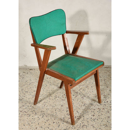 Sedia con braccioli, struttura in legno massello e seduta con spalliera in similpelle verde Italia   1960