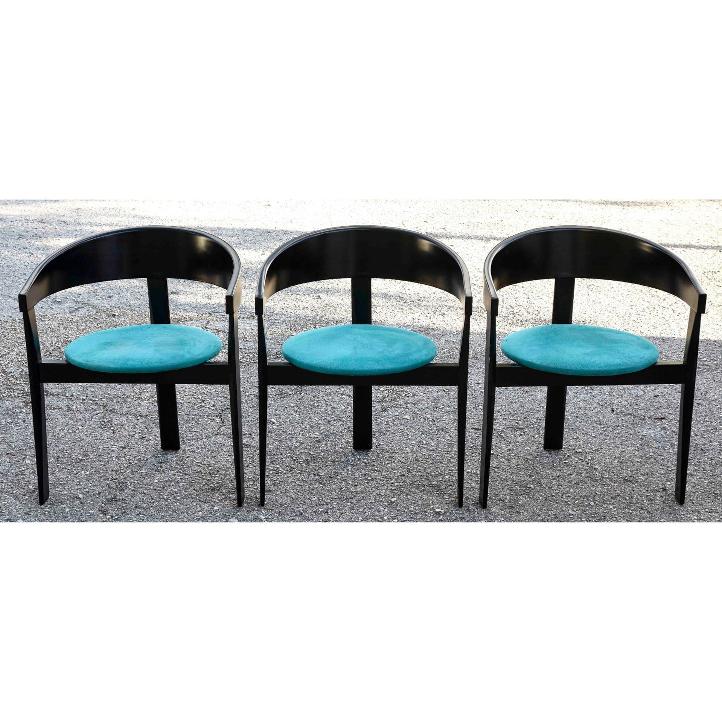 Set di tre sedie design legno e tessuto simil velluto 1980 stile Tobia Scarpa