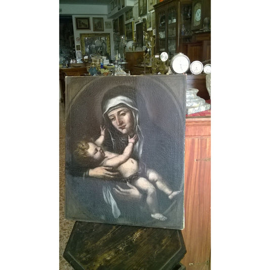 DIPINTO, QUADRO, OLIO SU TELA SANTA CON BAMBINO EPOCA FINE '600 PRIMO '700