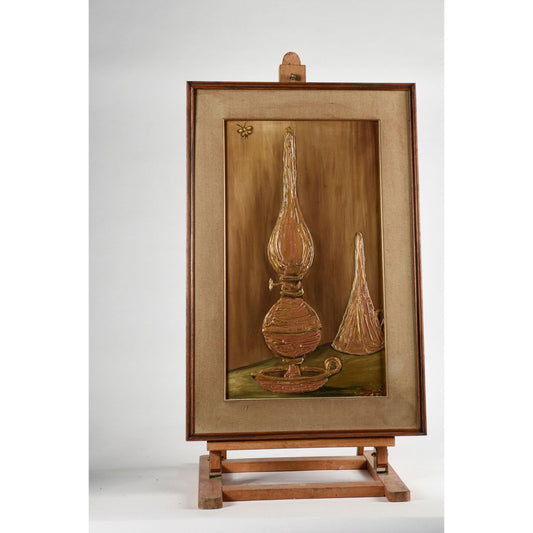 Quadro materico con cornice,  raffigurante lampada ad olio Italia 1970