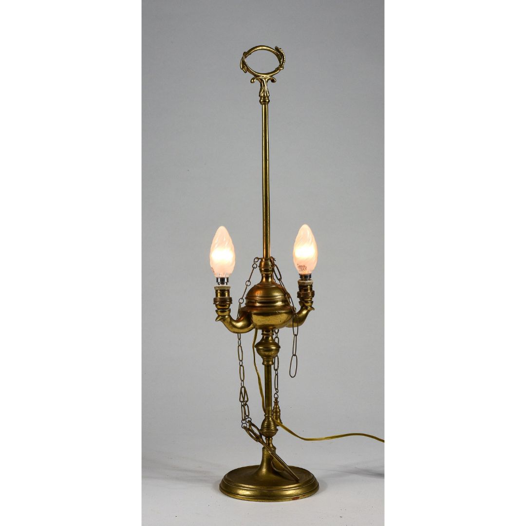 Lampada lume lucerna due luci ad olio in ottone con impianto luce elettrico elettrificata funzionante con decori serpente