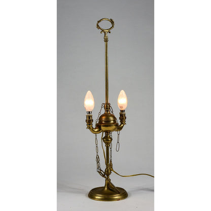 Lampada lume lucerna due luci ad olio in ottone con impianto luce elettrico elettrificata funzionante con decori serpente