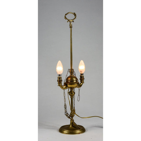 Lampada lume lucerna due luci ad olio in ottone con impianto luce elettrico elettrificata funzionante con decori serpente