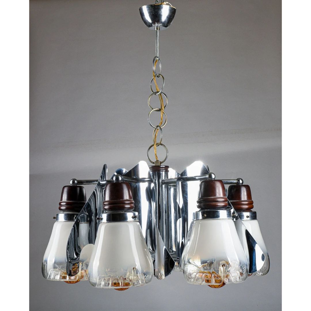 Lampadario Mazzega Murano space age anni 60 70 acciaio vetro soffiato e legno