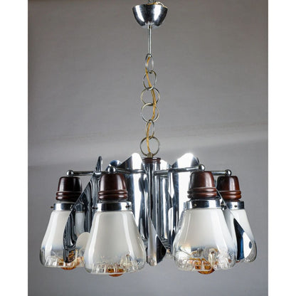 Lampadario Mazzega Murano space age anni 60 70 acciaio vetro soffiato e legno