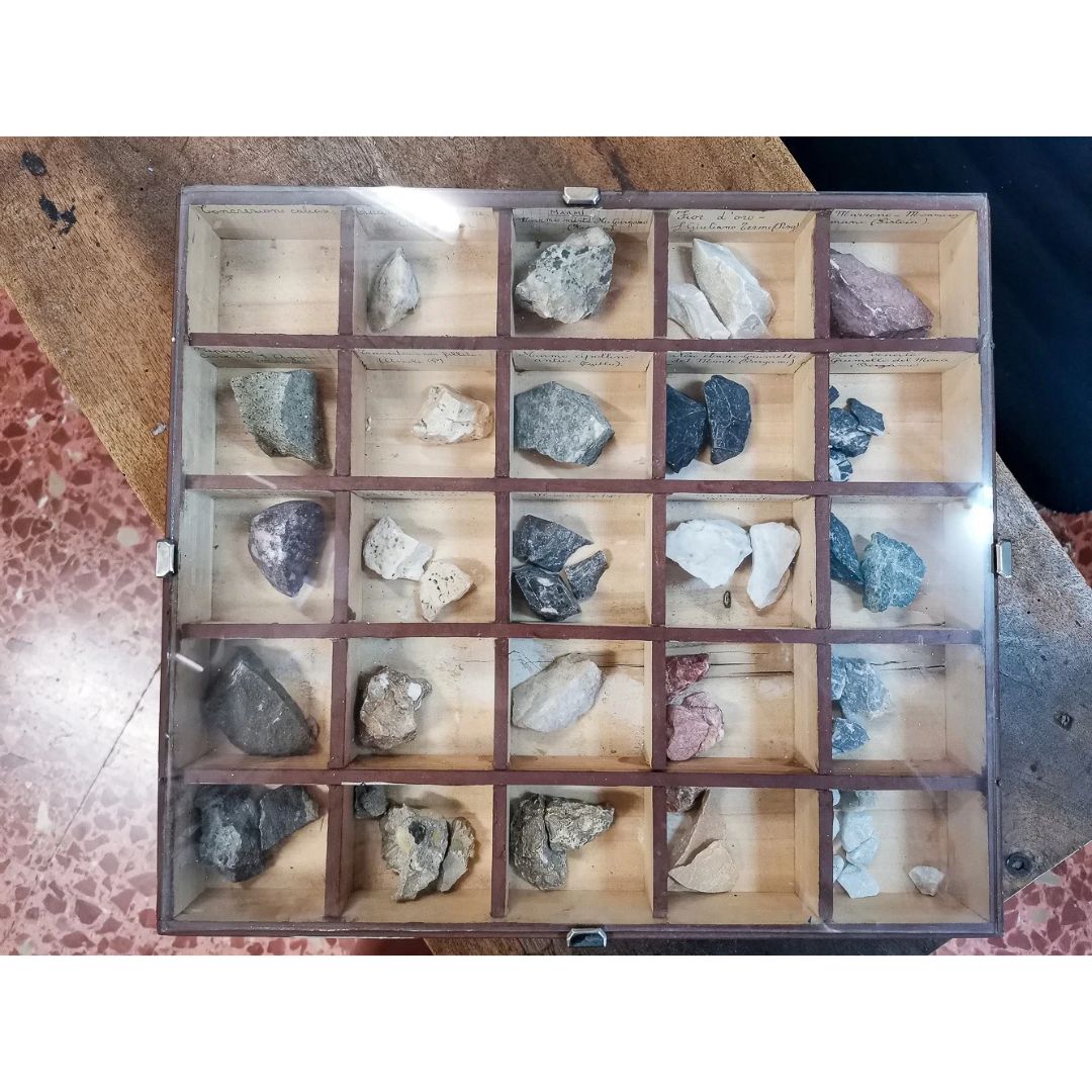 Gruppo di 4 teche  per scuola contenenti  minerali anni primi 900