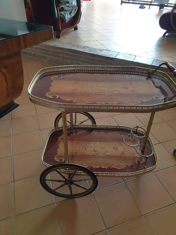 Carrello portavivande in legno intarsiato e metallo Italia 1960