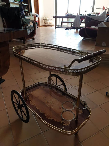 Carrello portavivande in legno intarsiato e metallo Italia 1960